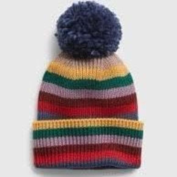 baby GAP Stripes Hat, Pom Pom Beanie, Rolled Cuff Rim, Toddler M/L - Picture 1 of 9